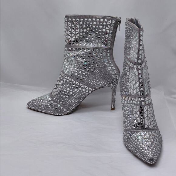 Steve Madden Crossing Silver Rhinestone Ankle Boots 10M Sparkle Stiletto Heels - Picture 2 of 12